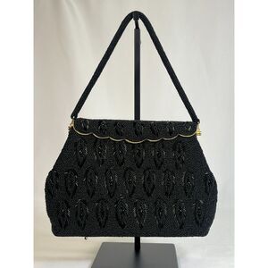 Vintage Hand Beaded Evening Bag Black Leaf Gold Hong Kong Handbag